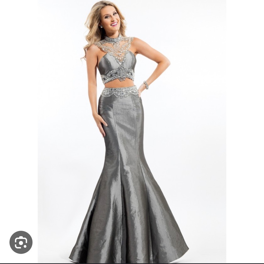Rachel Allan Gray/Silver Prom/Pageant Formal Gown w Silver Rhinestones - 2 piece